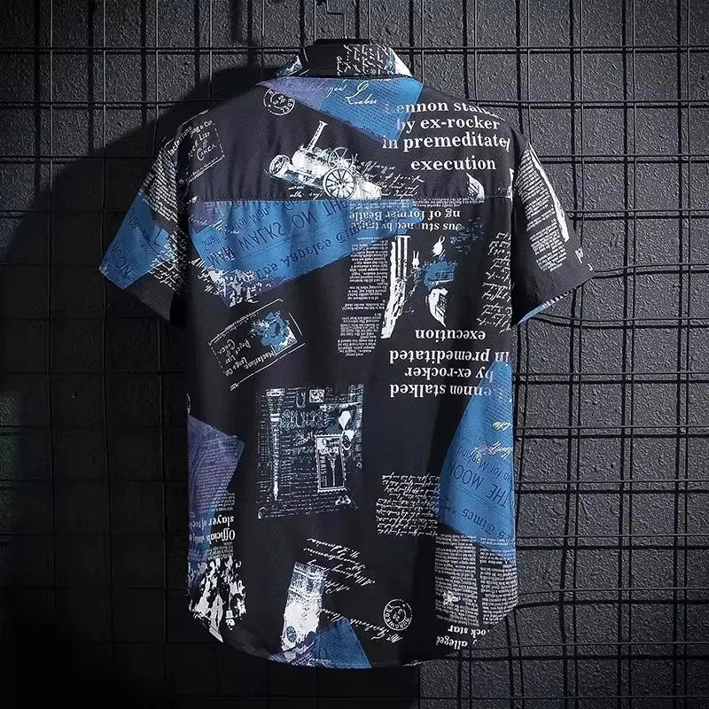 Short sleeved shirt men's thin graffiti print Hong Kong fashion clothing beach floral loose half sleeved shirt