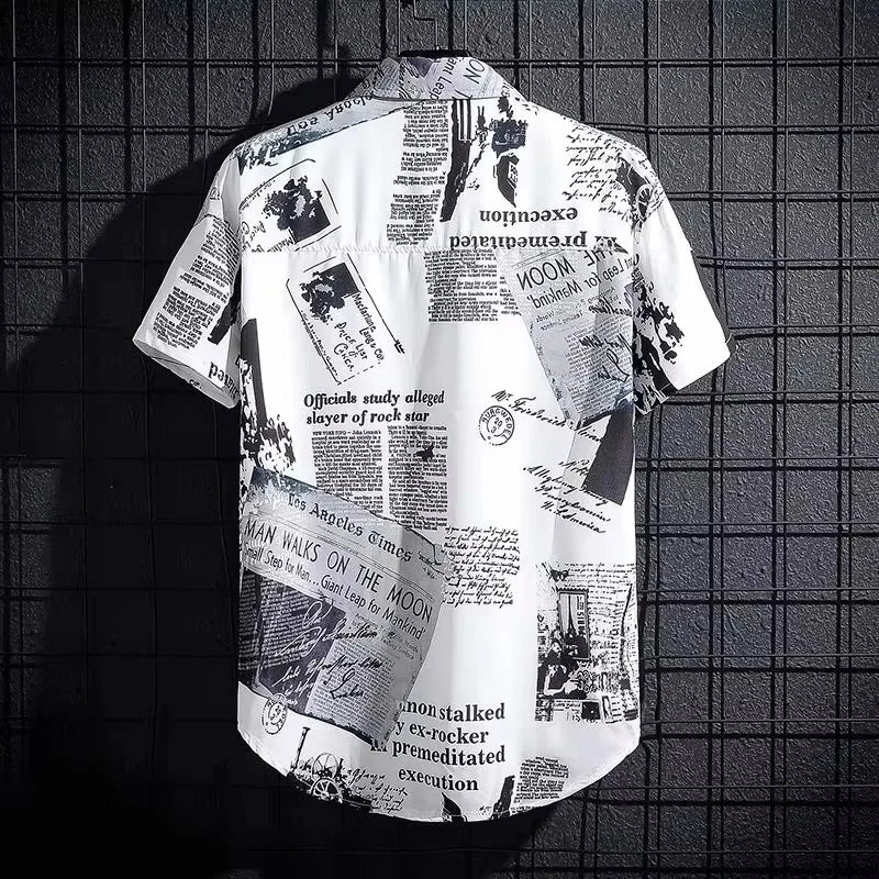 Short sleeved shirt men's thin graffiti print Hong Kong fashion clothing beach floral loose half sleeved shirt