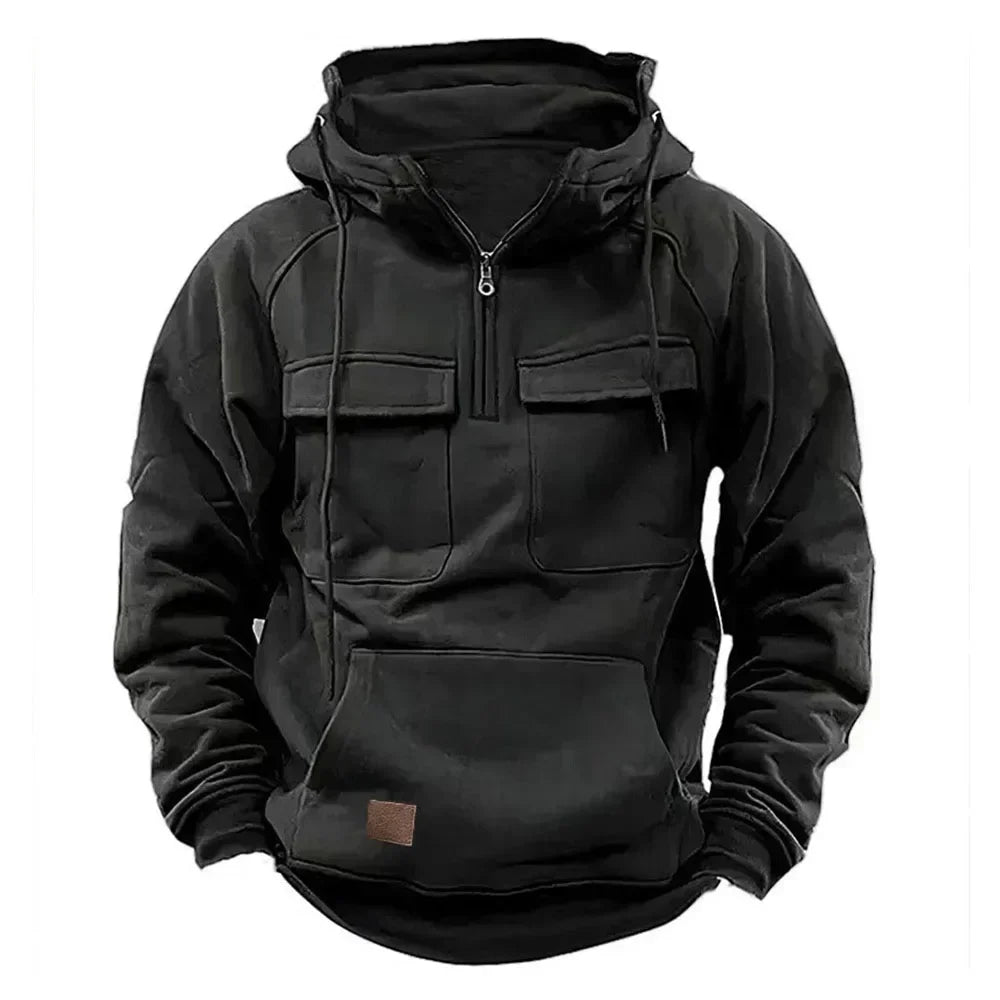 Half Zipper Men's Tactical Hoodies Solid Warm Fleece Military Sweatshirts Multi Pockets Male Hooded Jackets Thick Outdoor Polar